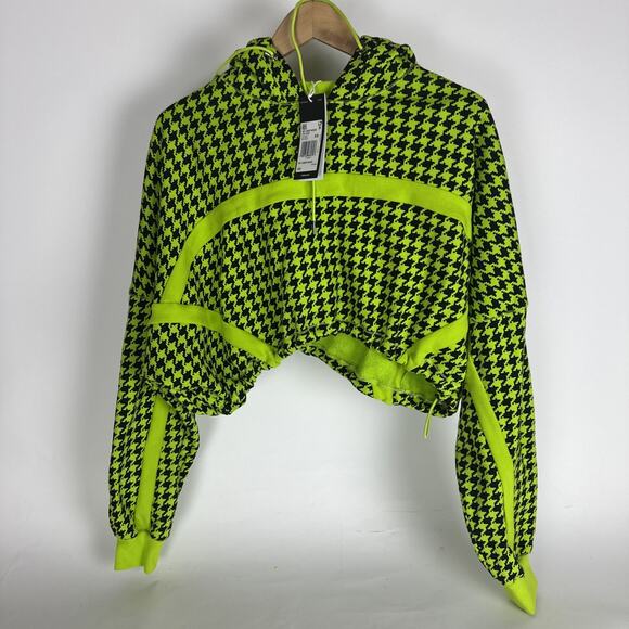 New Adidas Ivy Park Oversized Cropped Hoodie Women’s XS Green Houndstooth - Picture 1 of 10